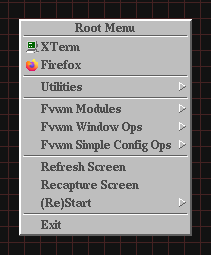 FVWM root menu showing added Firefox launcher with Firefox icon