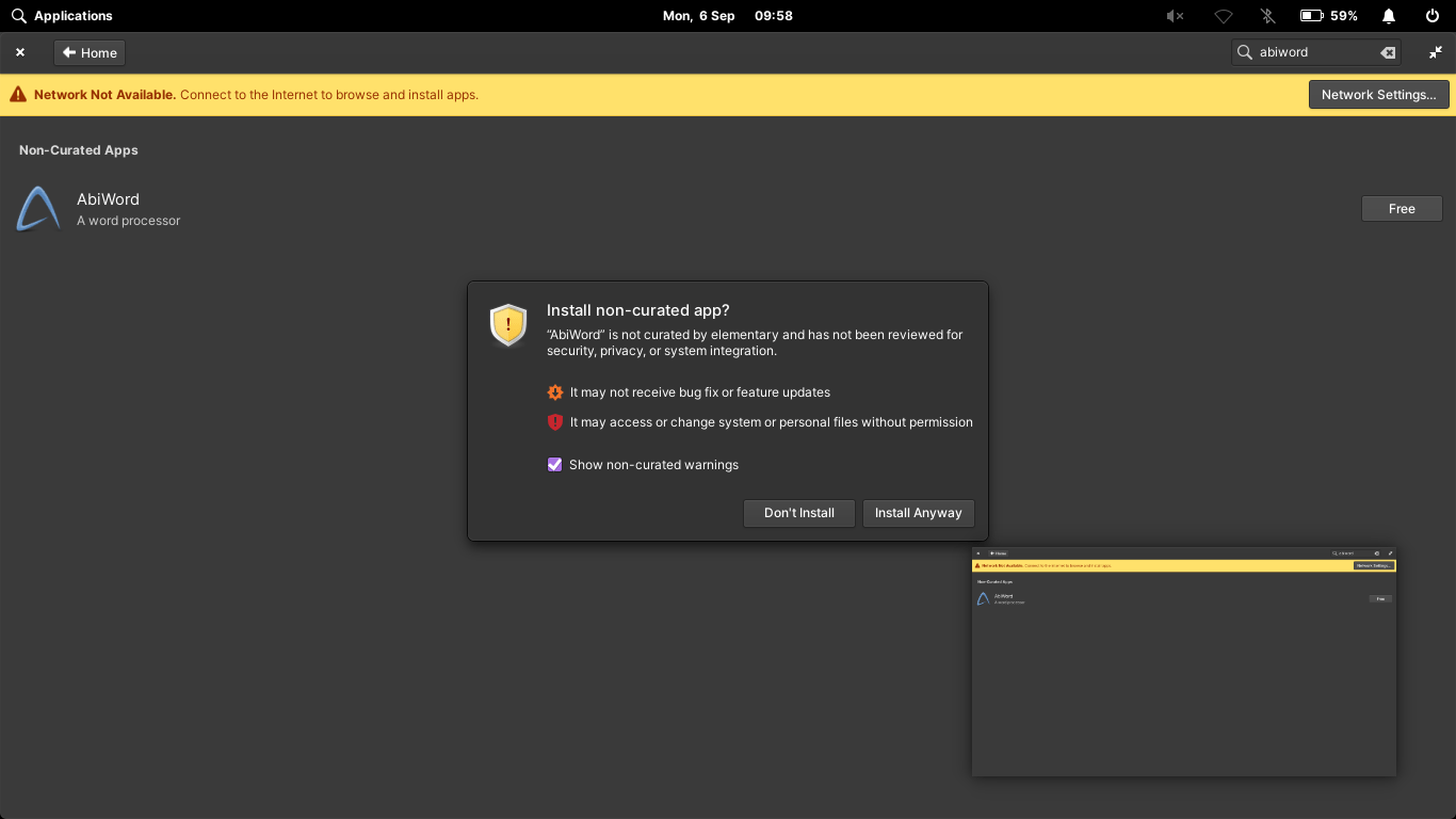 Warning shown when trying to install a program from a different repository than the one from ElementaryOS