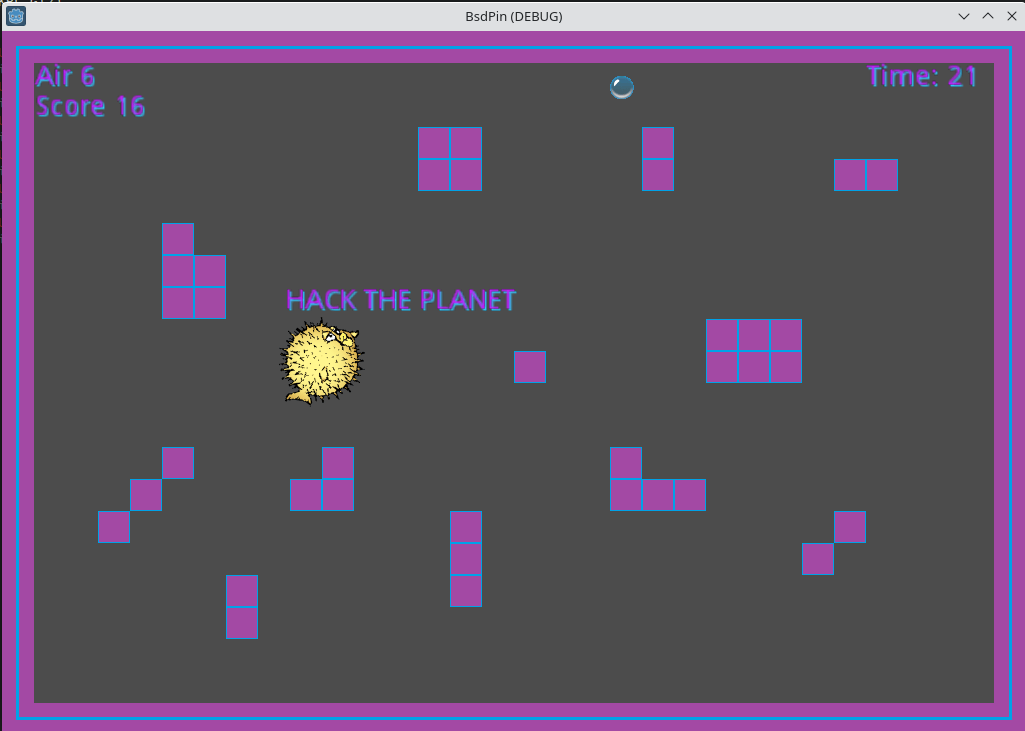 A screenshot of the game, displaying a simple maze in the neon style, a Puffy mascot, the text "Hack the planet" and a bubble on the top of the maze.