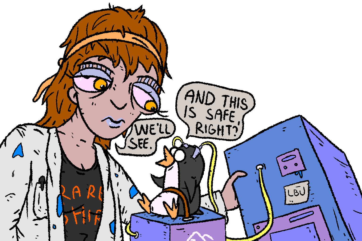 A mad scientist Girl with a t-shirt labeled "rare t-shirt" is looking at a penguin strapped on a Frankenstein like machine, with his head connected to a huge box with LBU written on it.